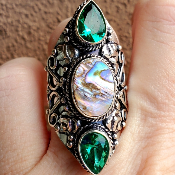 New Abalone Shell & Peridot 925 Silver Statement Ring. - Picture 13 of 16